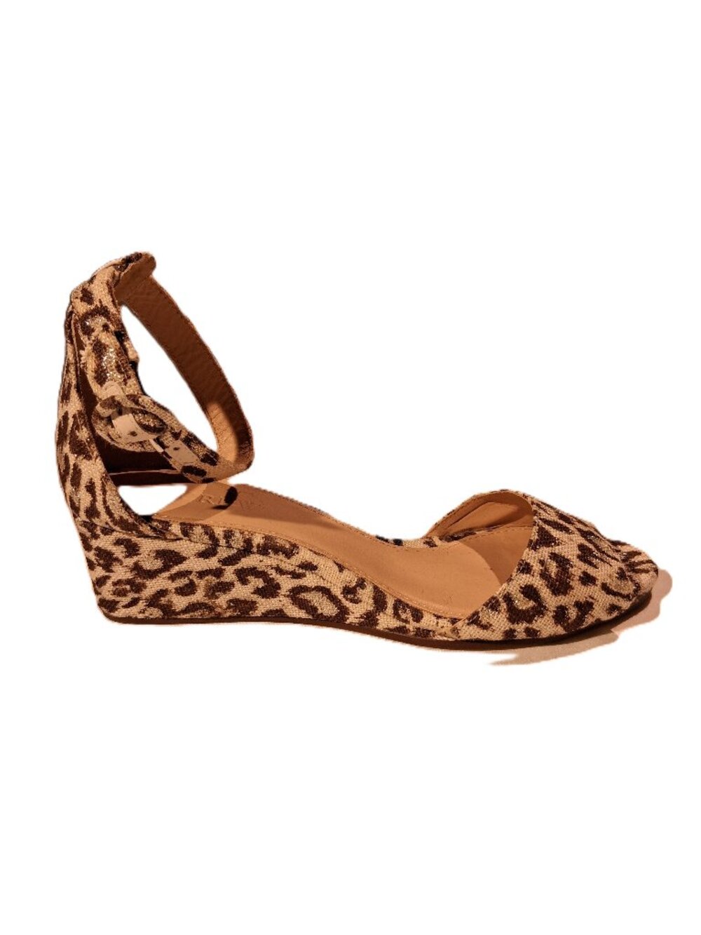 J. Crew LAILA Leopard Print Wedge Sandals sz 7 Ankle Strap Gold Metallic Stitch